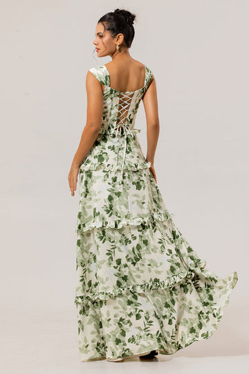Green Floral Ruffled Corset A Line Long Bridesmaid Dress